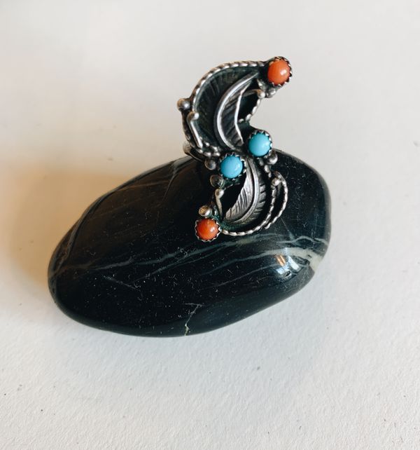 The Raven | Vintage Turquoise and Coral Sterling Silver Ring